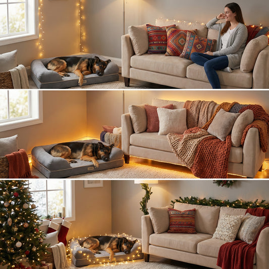 Lit orthopédique pour grand chien en différentes ambiances décoratives soirée lumineuse ambiance chaleureuse et Noël