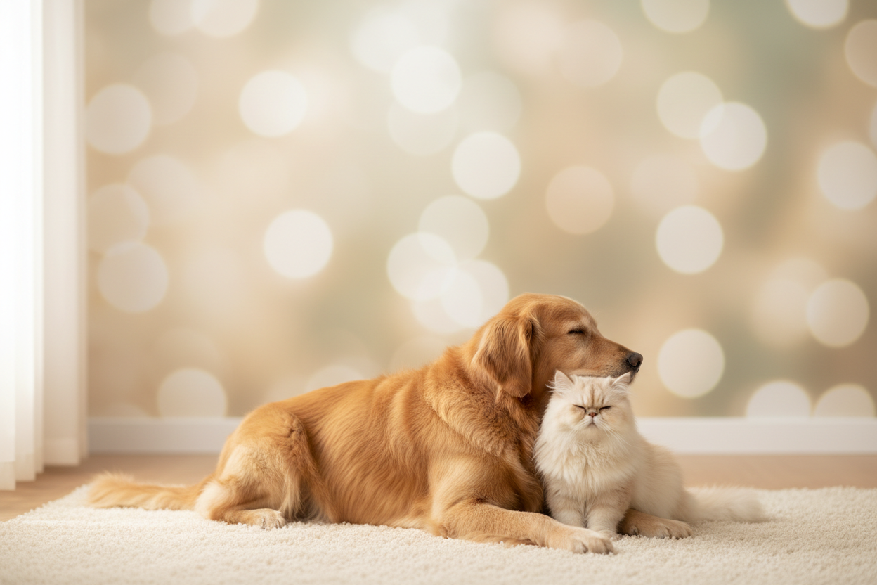 Chien et chat paisibles côte à côte, légèrement de profil, dans un décor lumineux et épuré. Arrière-plan flouté (bokeh léger), tons clairs et chaleureux (beige, crème, vert doux). Grande zone vide au centre pour accueillir le texte. Ambiance rassurante, bien-être et positivité.