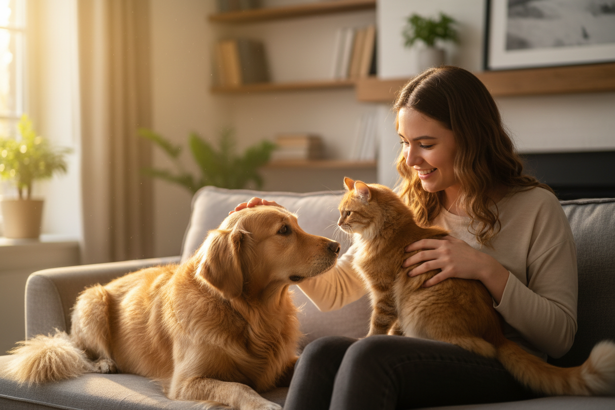 Moment de complicité entre un humain, un chien et un chat. Interaction douce et naturelle, regards affectueux. Lumière chaude, ambiance émotionnelle, sentiment de confiance et d’amour. Style photo authentique, non commercial.