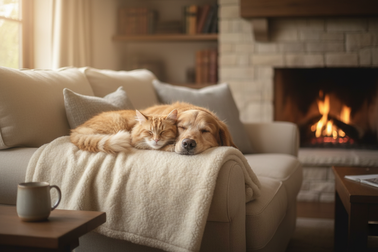 Un chien et un chat allongés paisiblement côte à côte dans un intérieur chaleureux. Lumière douce, tons beiges et crème, ambiance calme et rassurante. Les animaux ont une expression détendue et heureuse. Arrière-plan légèrement flouté, style photo lifestyle premium.