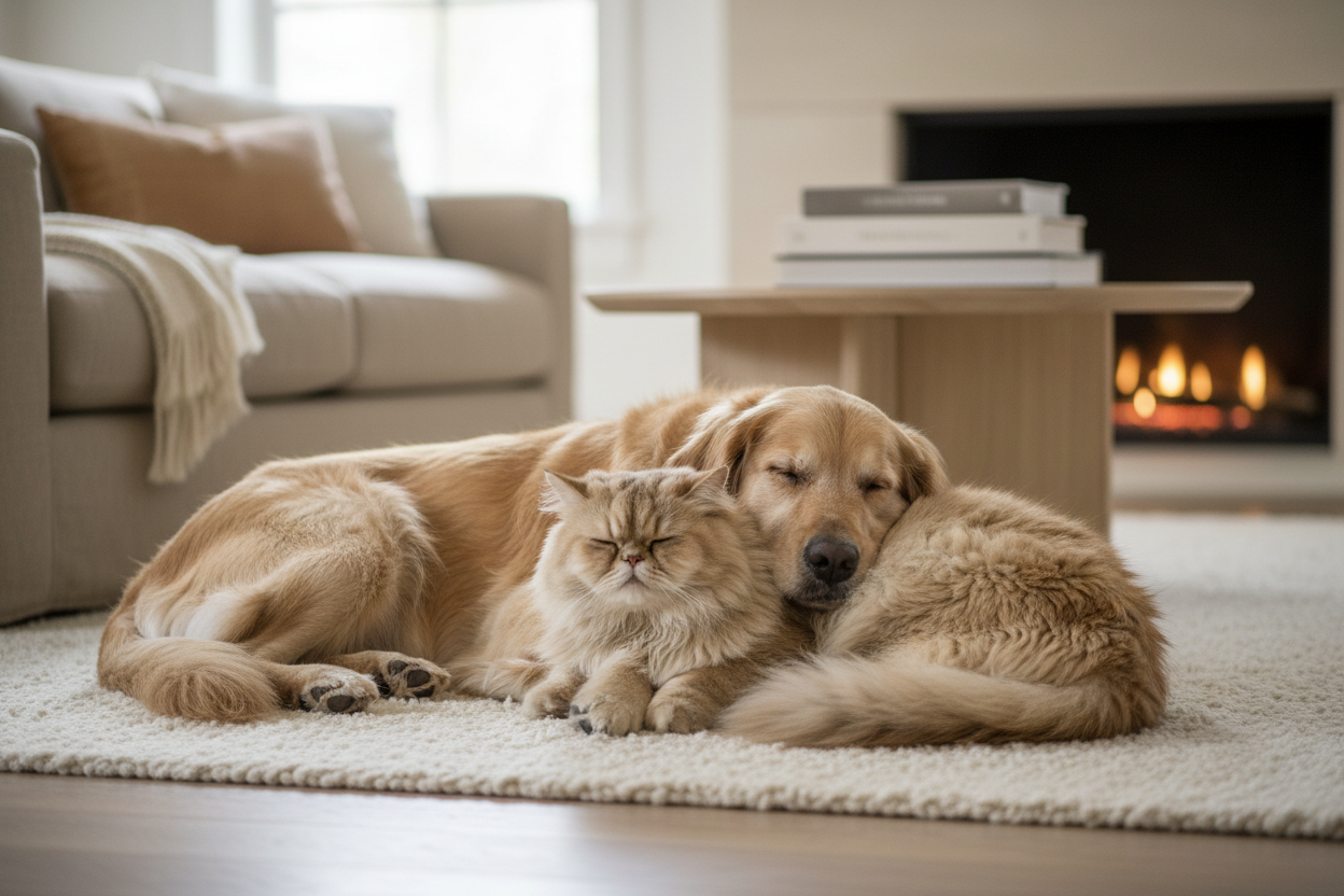 Un chien et un chat allongés paisiblement côte à côte dans un intérieur chaleureux. Lumière douce, tons beiges et crème, ambiance calme et rassurante. Les animaux ont une expression détendue et heureuse. Arrière-plan légèrement flouté, style photo lifestyle premium.